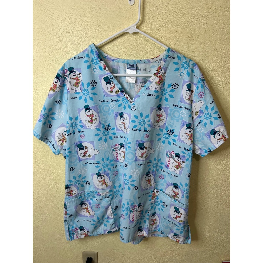 Frosty the Snowman Scrub Top XL Blue Christmas Holiday V-Neck Let It Snow